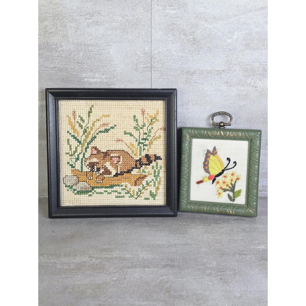 Lot Framed Cross Stitch Embroidery Raccoon & Crewel Small Yellow Butterfly VTG